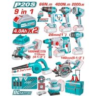 Комплект акумулаторни инструмени TOTAL 9в1 TOSLI250381E, 20 V, 2 x 4 Ah