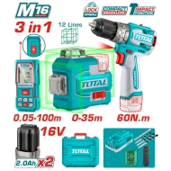 Комплект Ударен Винтоверт, Лазерни Нивелир и Ролетка TOTAL, 16 V, 2 x 2 Ah