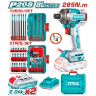 Ударен Безчетков Винтоверт TOTAL INDUSTRIAL, 1/4", 20 V, 285 Nm, 2 x 2 Ah + битове